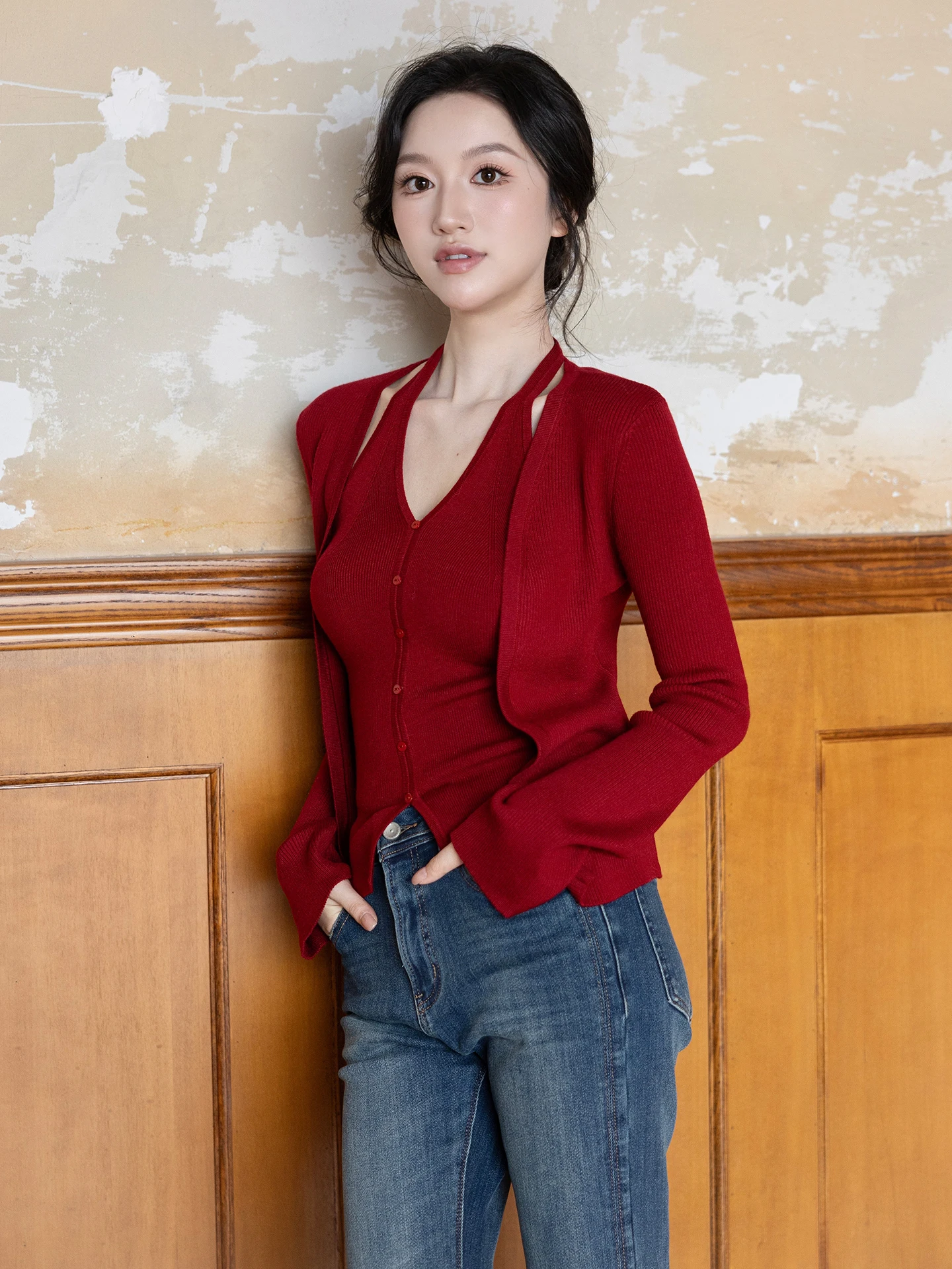 

SerioLudere Lazy Egg Red: Женский белый вязаный комплект из двух предметов с эффектом утяжки, повседневный, с длинными рукавами, вязаный, в стиле Car...