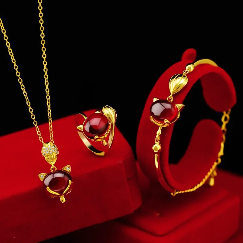 

9999 Real Gold 24K Female Red Fox Necklace Bracelet Ring Three-piece Set, Japanese and Korean Fashion Fox Ring