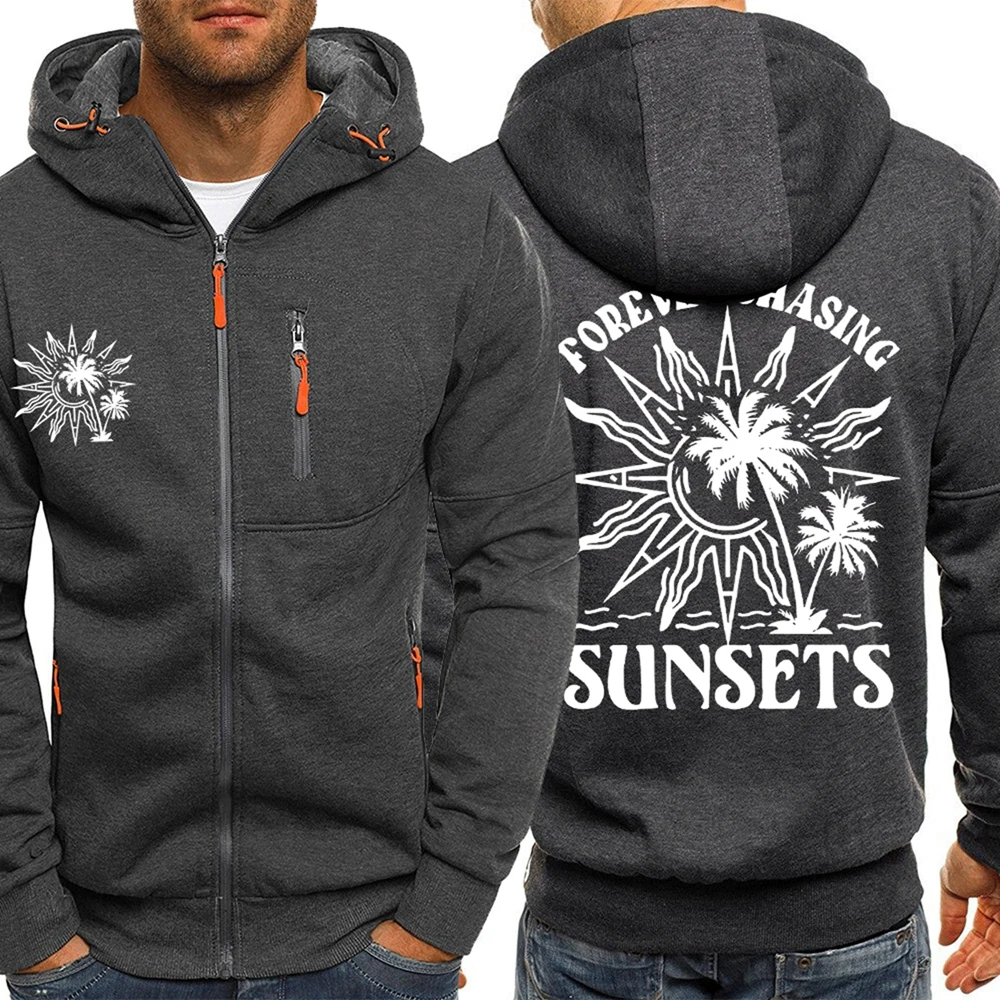 إلى الأبد مطاردة غروب الشمس الشاطئ يطبع قلنسوة بسحاب الرجال الشارع الصوف هودي موضة عادية البلوز الخريف فضفاض لينة