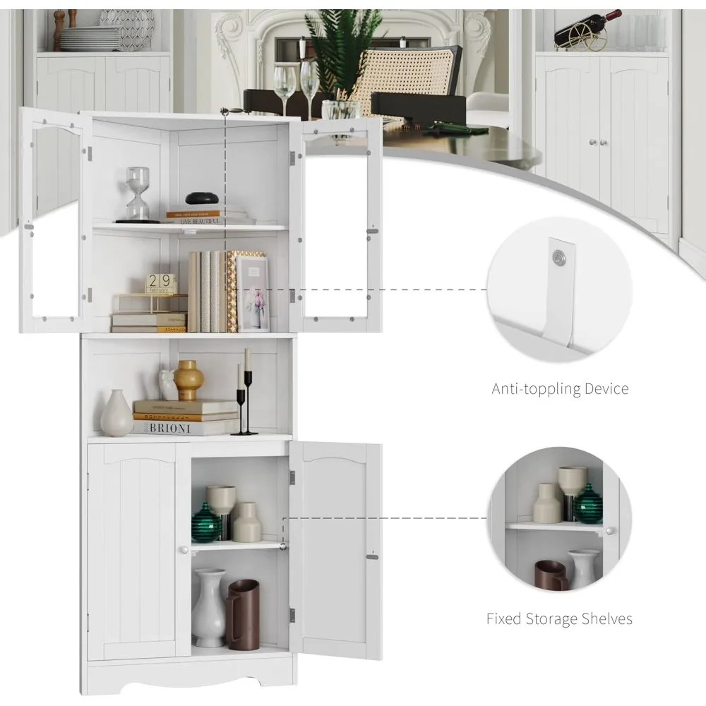 63.2인치 높이의 욕실 코너 캐비닛, 유리문이 있는 모던 수납장, 뷔페 허치, 거실용 독립형 팬트리
