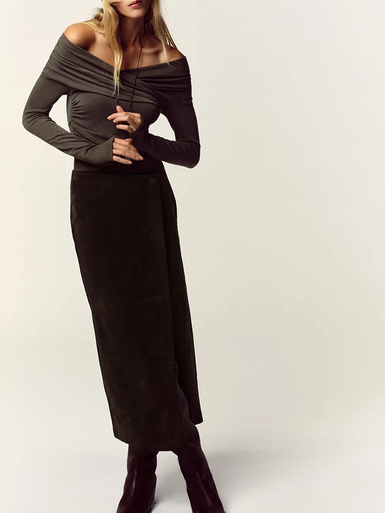 Zimowa Nowa Damska Dopasowana Długa Koszulka z Podwójnym Kołnierzem i Plisami, Moda Etniczna 2025, Strój Sceniczny, Top Damski