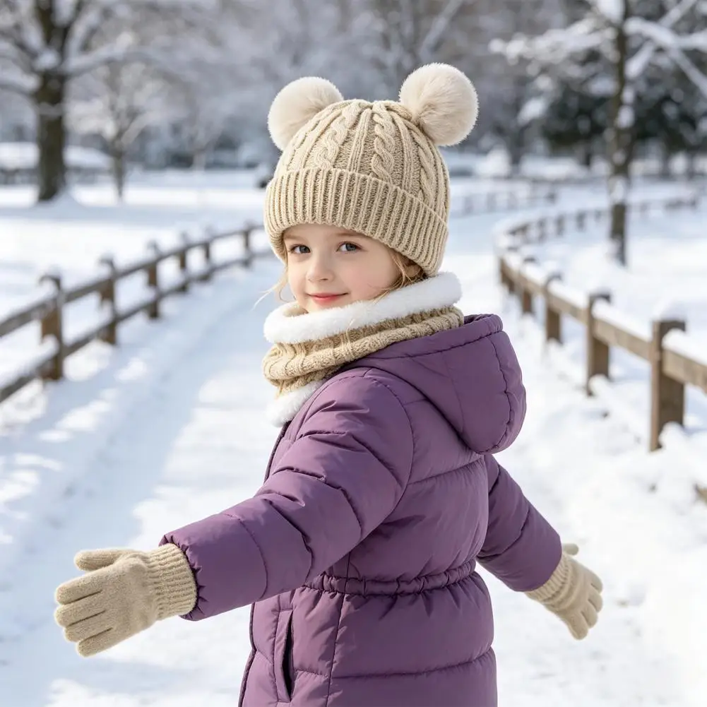 Kids Weather 3 Piece Set Kids Winter Knit Set with Bear Ear Hat Fleece Lined Neck Gaiter Full Finger for Boys for Children
