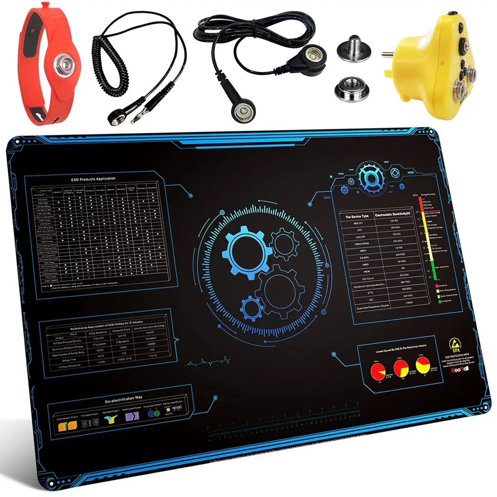 36x24 Inch Anti Static Rubber Mat Kit or ESD Sensitive Eic Device Repair, Soldering, PC Building, Assembly, Table Work, With Gro