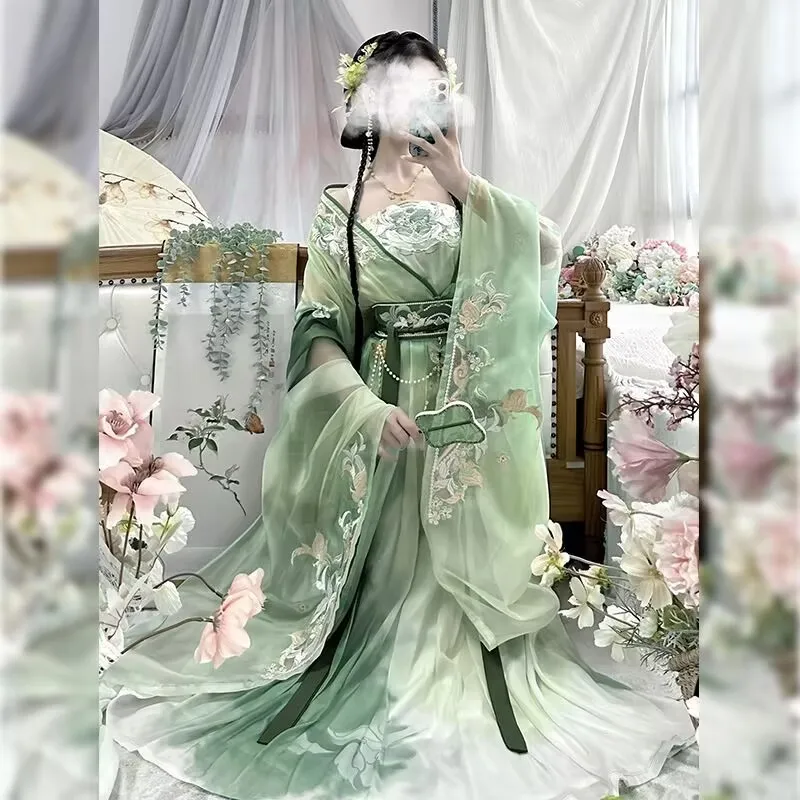 

Chinese Hanfu Dress Women Halloween Cosplay Costume Vintage Ancient Tang Dynasty Green Embroidered Party Outfit Hanfu Dress