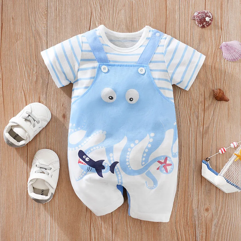 Summer Boys And Girls Cute Cartoon Strap Octopus Print Comfortable Casual Short Sleeve Baby Bodysuit