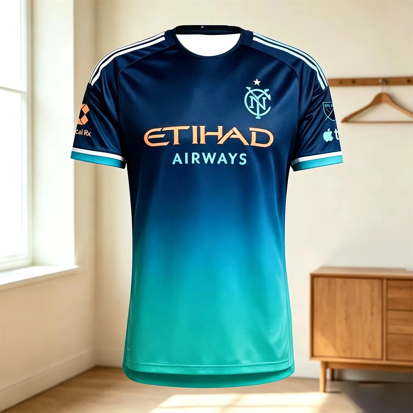 Herren NYCFC Schwarzes Auswärtstrikot mit Etihad Airways-Print, schnelltrocknend, kurzärmelig, Rundhalsausschnitt, Fußball-Fan-Trainings-Sport-T-Shirt – Detail 2