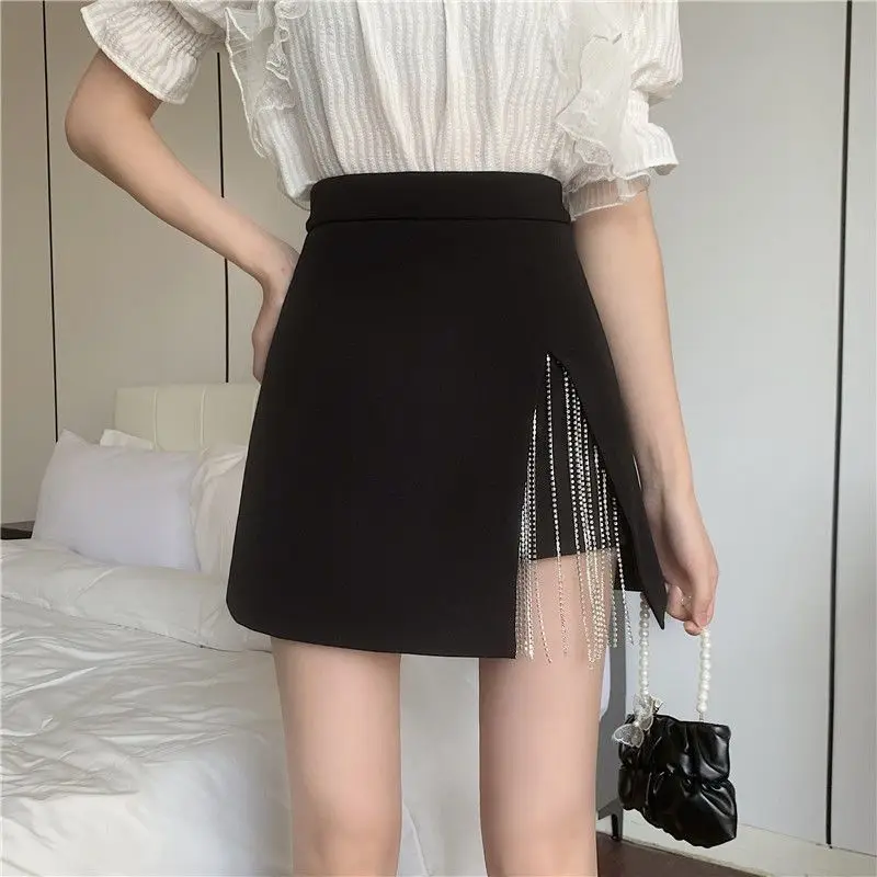 

Fashion Irregular Split Shorts Skirt For Women Summer Subcultural Vintage Skirts Chain Tassel Black High Waist Women's Clothing