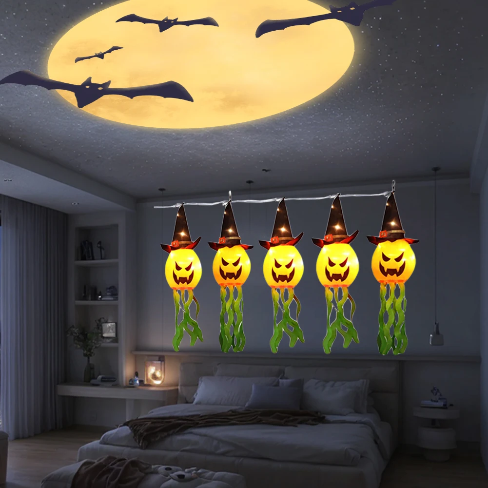 

Halloween Hanging Lighted Glowing Ghost Witch Hat String of 5 Lighted Hanging Ghost with Witch Hats Halloween Outdoor Decoration