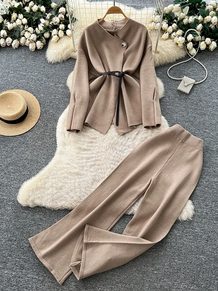 

High Waist Straight Leg Knitted Long Sve Two Piece Set Women's Faion Slim Fit Wide Leg Pants Button up Top