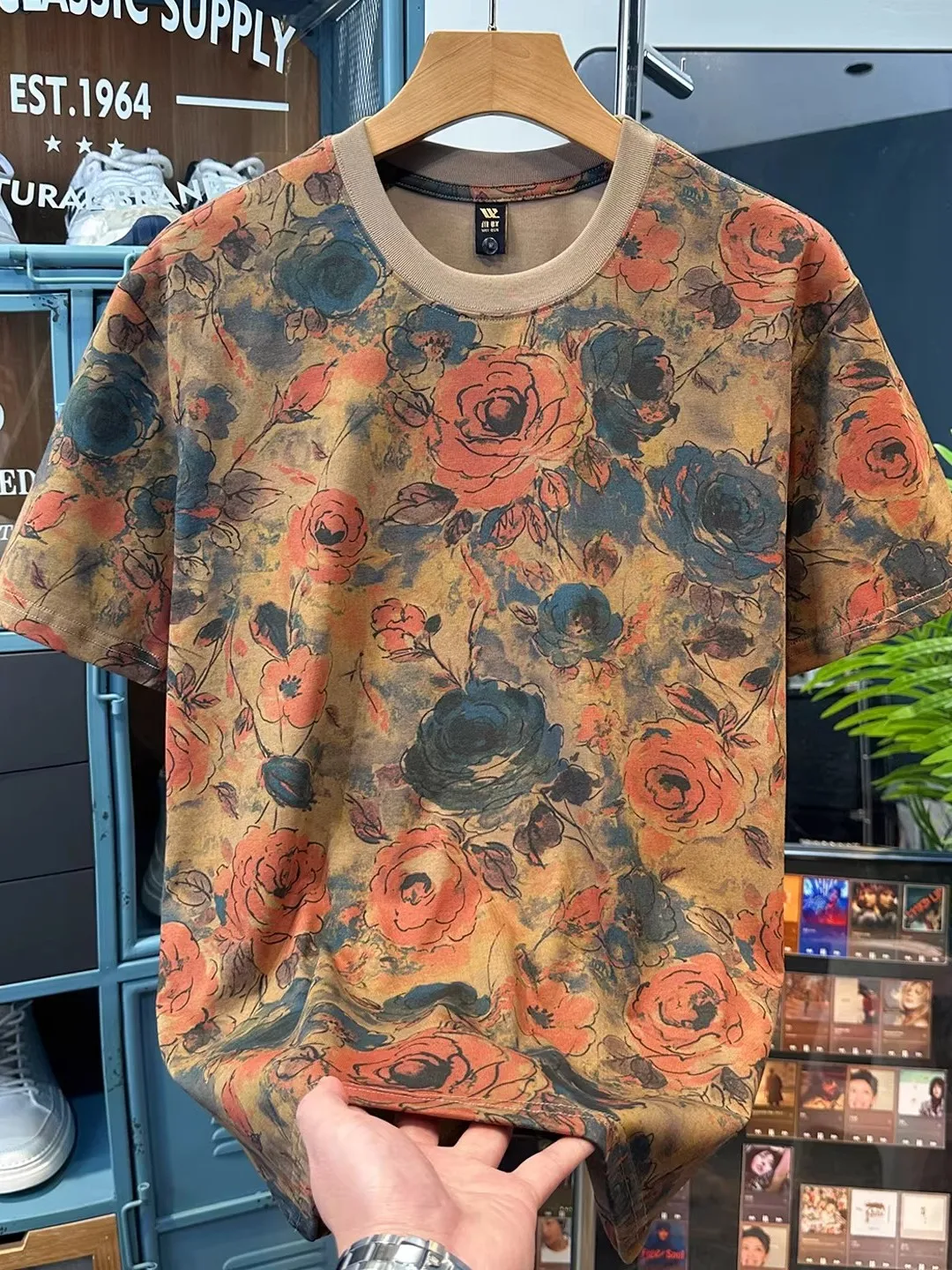 Summer New Loose Men's T-shirt Short Sleeve round Neck Print Leaf Pattern Casual Comfortable Breathable Youth Fashion Top