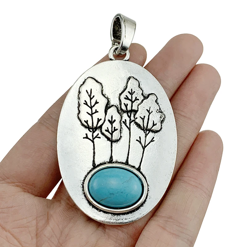 2 x Large Metal Tibetan Silver Color Oval Tree Faux Stone Charms Pendants For Necklace Jewellery 76x41mm