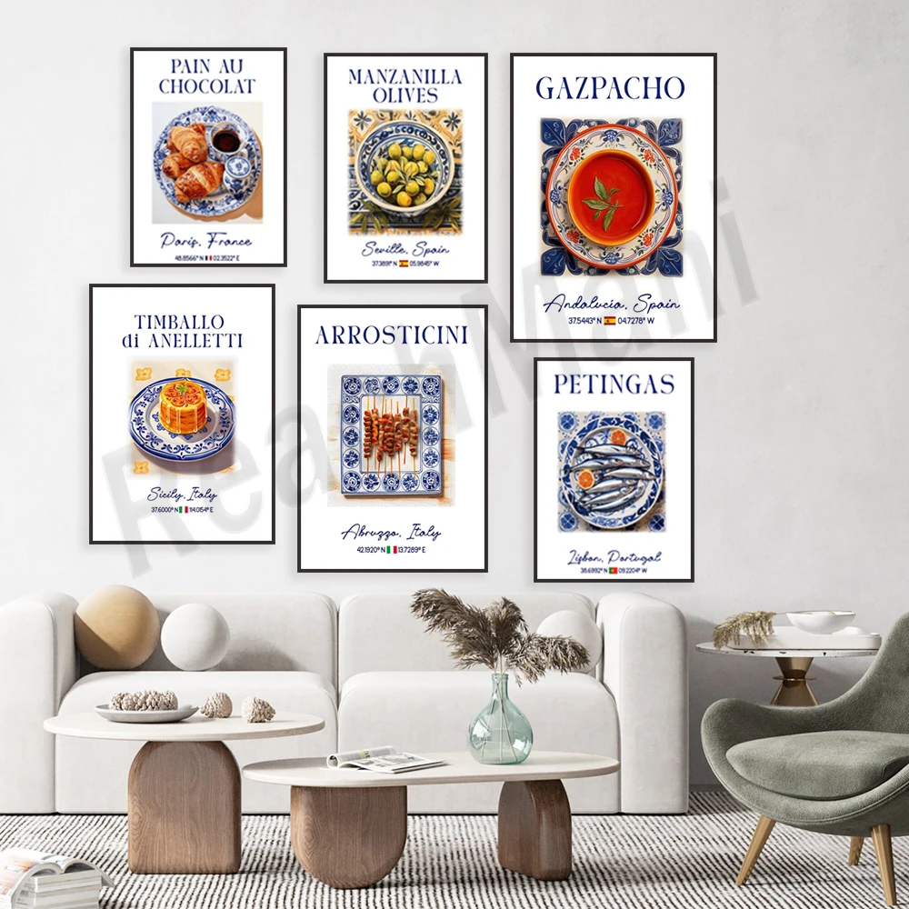 Tortillas, lasagna, fried rice balls, egg tarts, gnocchi, blue Azulejo tile print, Italy, cafe, traditional spanish food poster