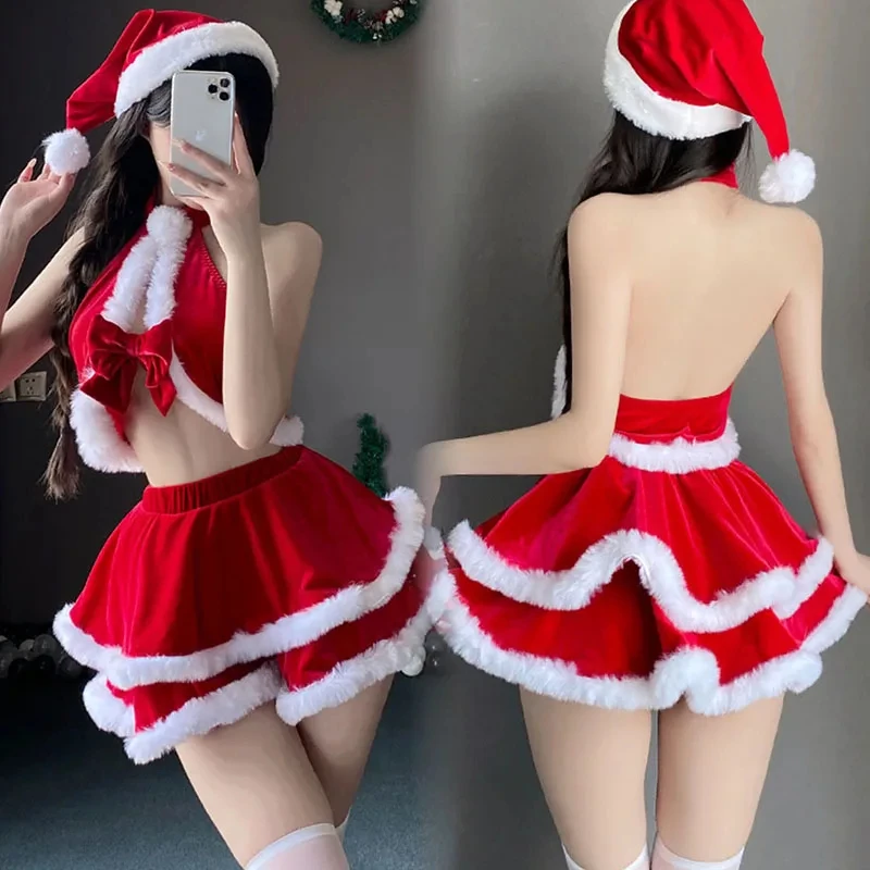 

2024 Christmas Cosplay Costumes Sets Santa Claus Uniform Outfits Christmas Cosplay Red Bow Warm Plush Outfits Costumes Cosplay