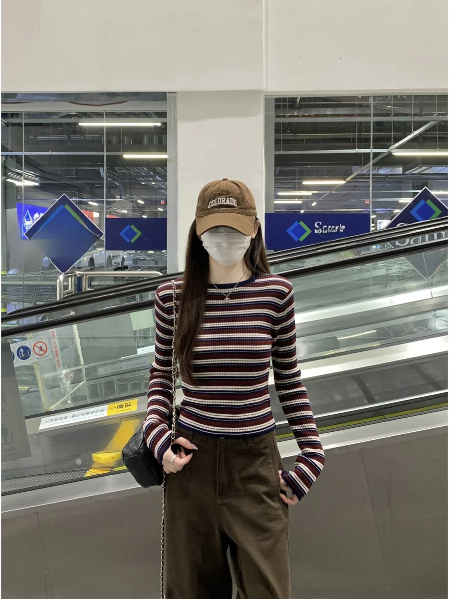 Maglieria coreana slim fit rotonda Ne Abbigliamento interno per donna Capispalla con fantasia a righe elastiche traspiranti autunno inverno