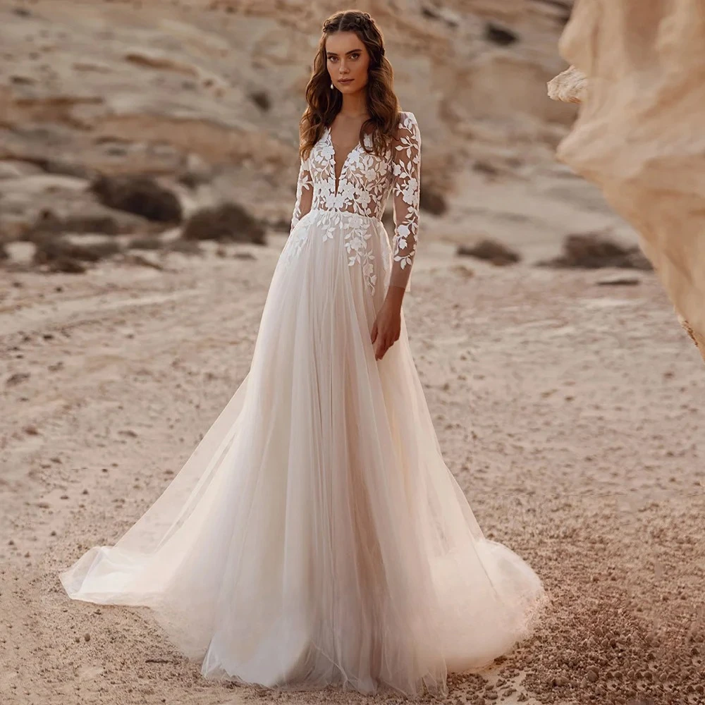 Charming A-line Wedding Dresses Long Sleeves V Neck See Through Applique Tulle Sweep Train Bridal Gowns Vestido De Noiva