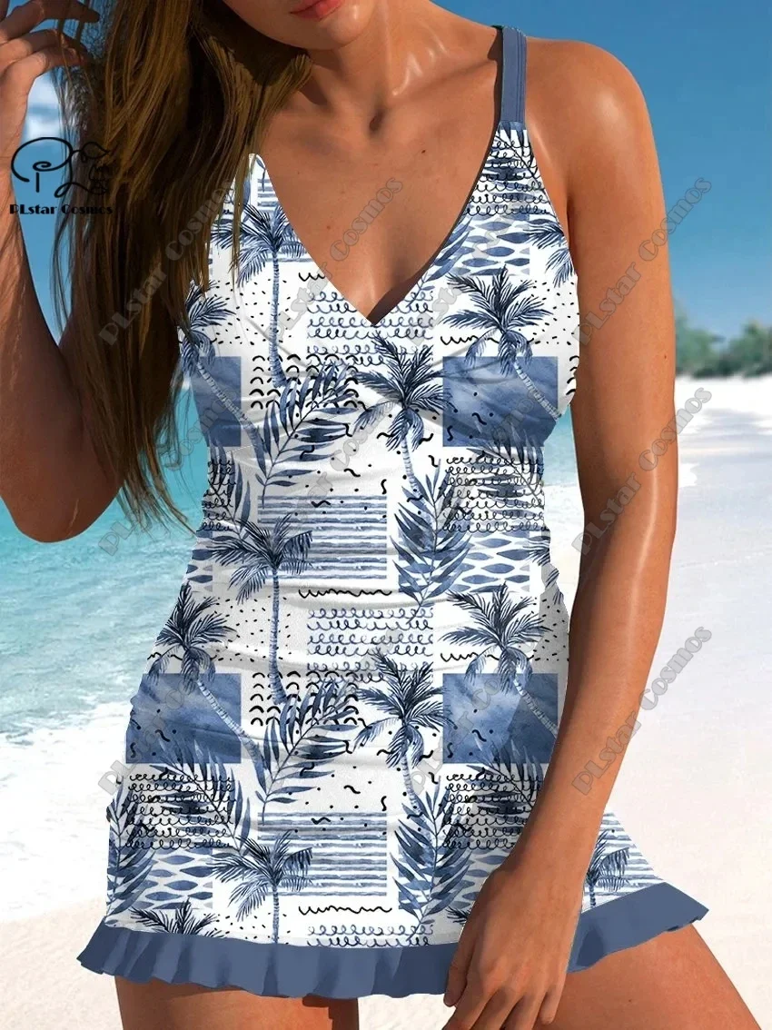 Femmes été frais floral 3D imprimé jupe à bretelles dentelle maillot de bain vacances voyage nouveau dos croix sangle design maillot de bain D-16