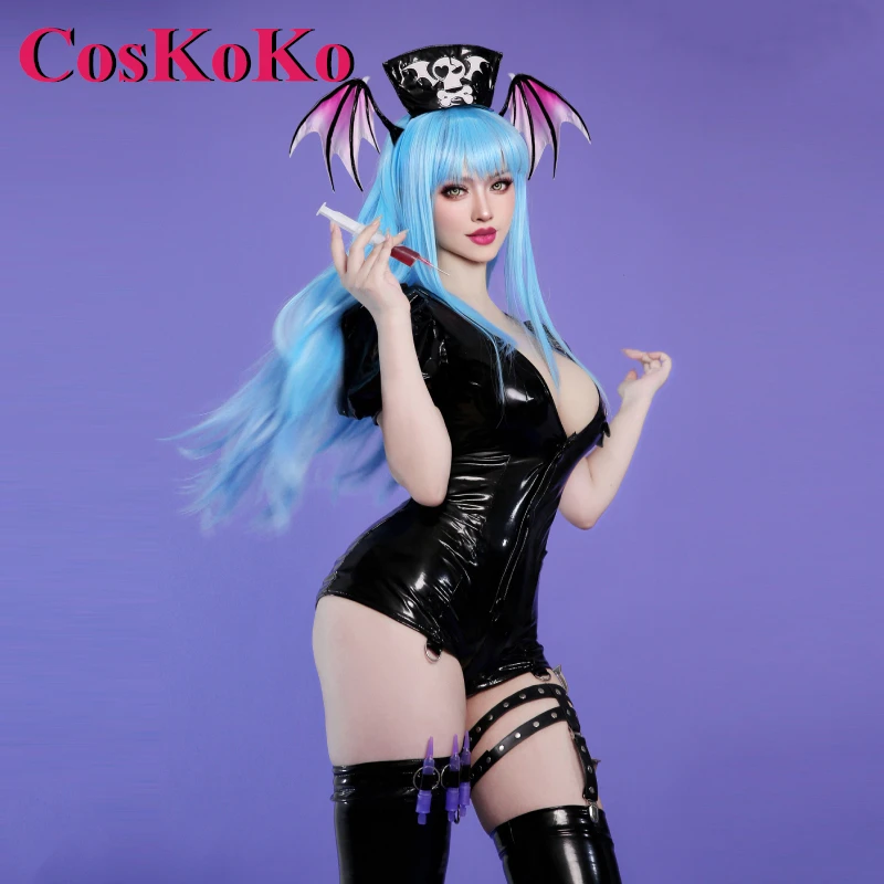 CosKoKo Morrigan Aensland Cosplay Game Vampire Costume Dark Nurse Black Succubus PU Leather Jumpsuit Halloween Play Clothing