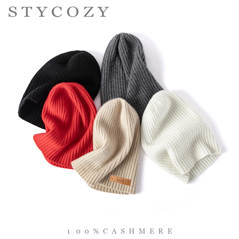 100%Cashmere Vertical Ridge Relaxed Fit Beanie Gender-neutral Soft Drape Stretchy Thermal Skull Cap Lightweight Winter Knit Hat