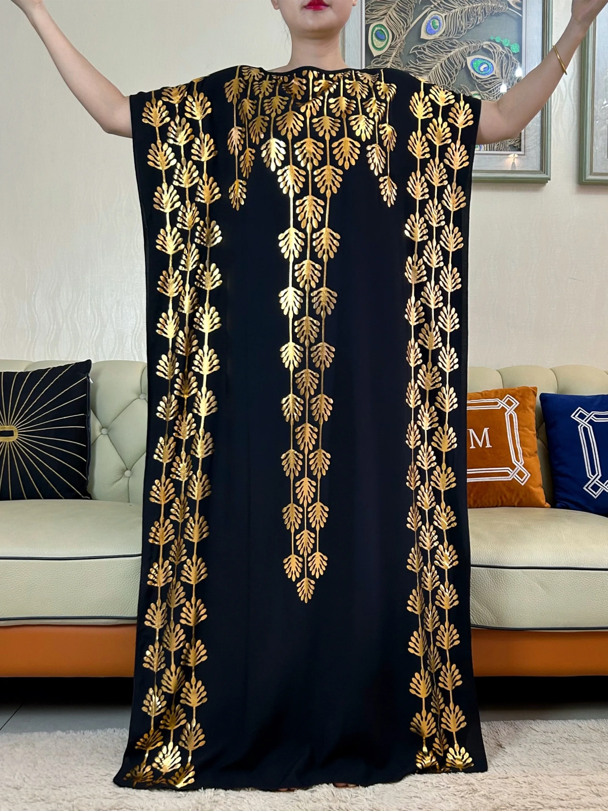 New Fashion Summer Dress With Big Scarf Dubai Turkey Kaftan Muslim Loose  Abaya Women African Casual Maxi  Gold Stamping  Robe