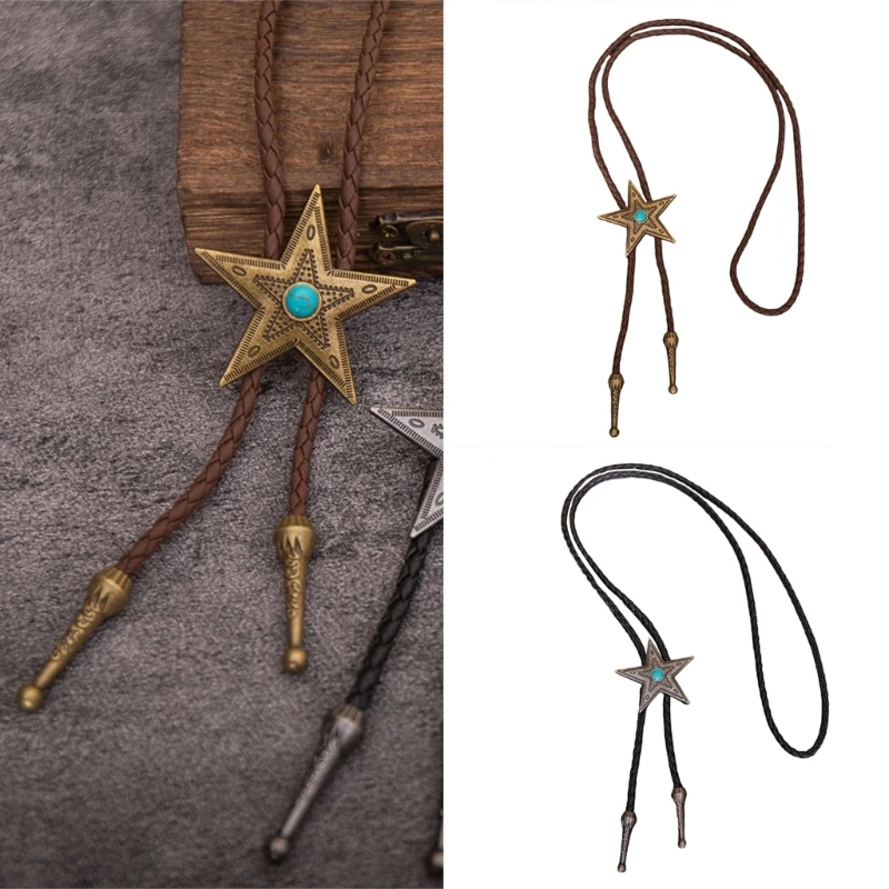 Men's Rodeos Bolo Tie with Metal Star and Turquoises Leather Cord Necktie Adjustable Chain Necklace for Western Fashion