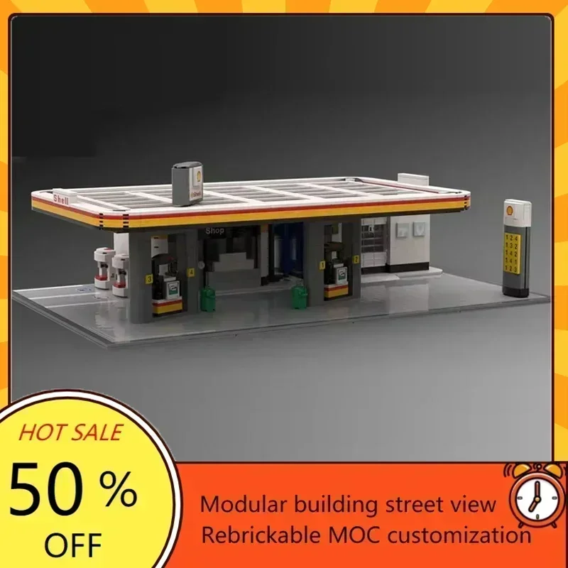2175PCS Shell gas station Modular MOC Creative street view Model Custom Puzzles Architecture DIY Education Technology Toys Gifts