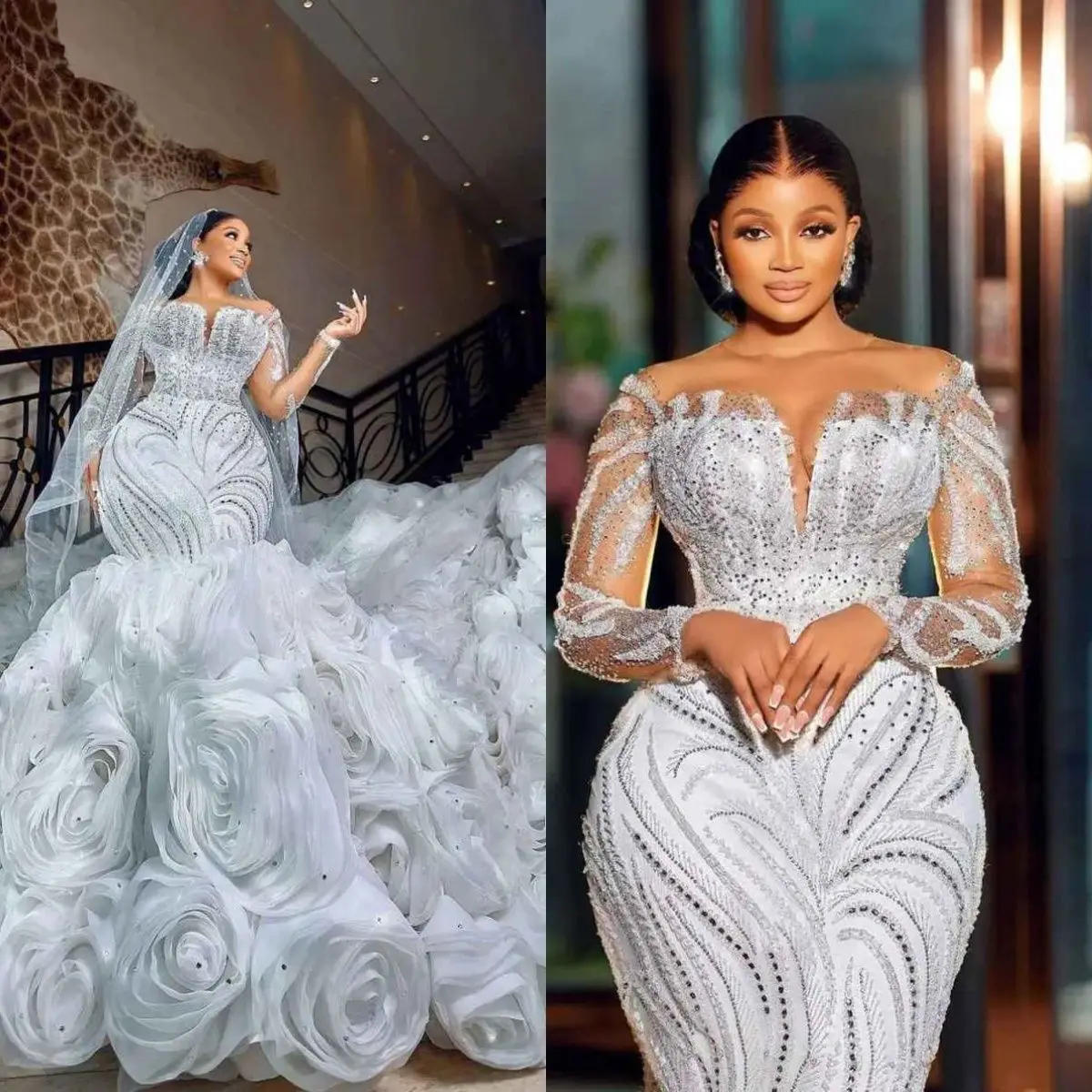 

Customized Mermaid Wedding Dress Beaded O Neck Bride Gowns Detachable Ruffles Sweep Train Bridal Dresses Vestido De Novia