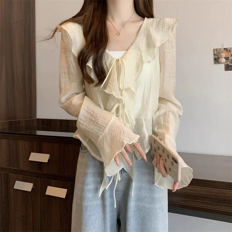 Lucyever Hemd für Damen, lässig, locker, gerüschte Kanten, gespleißte Bluse, weiblich, 2025, Frühling, Sommer, Schnürung, V-Ausschnitt, Sonnenschutz-Shirts