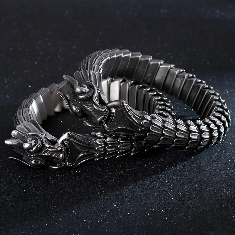 

Punk Hiphop Vintage Dragon Link Chain Bracelet Men Biker Viking Stainless Steel Mens Old Metal Bangles Wrist Jewelry Gift