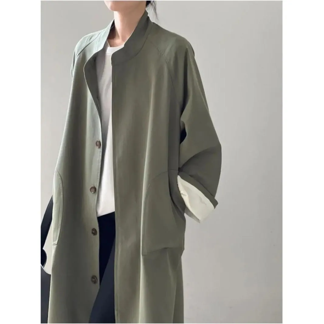 

Lazy Loose Stand Up Collar Long Ttrench Coat For Women New Spring Autumn Casual British Style High-end Windbreaker Overcoat