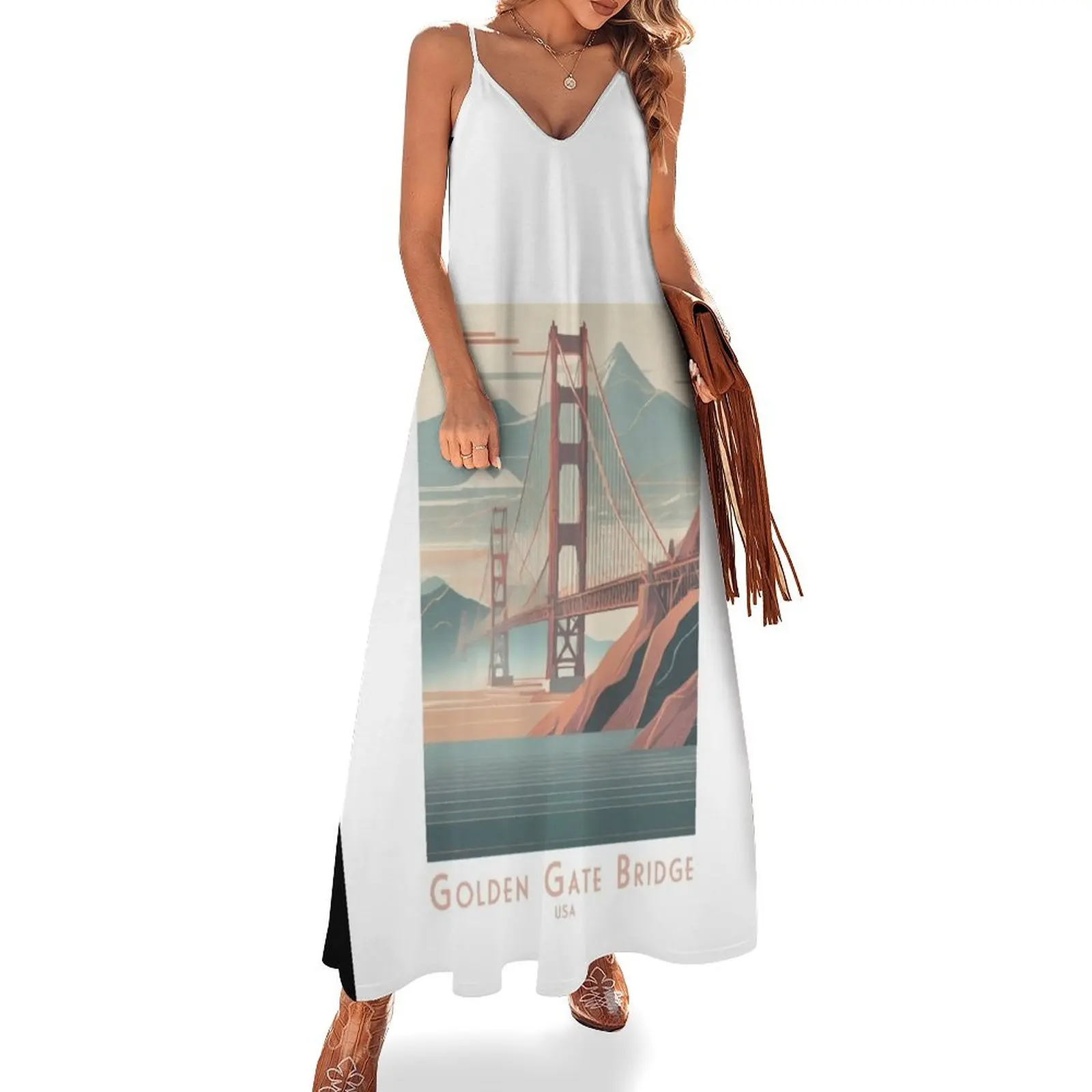 

Vintage Travel Poster - Golden Gate Bridge, Retro Minimal Design Sleeveless Dress clothes for women evening dress women