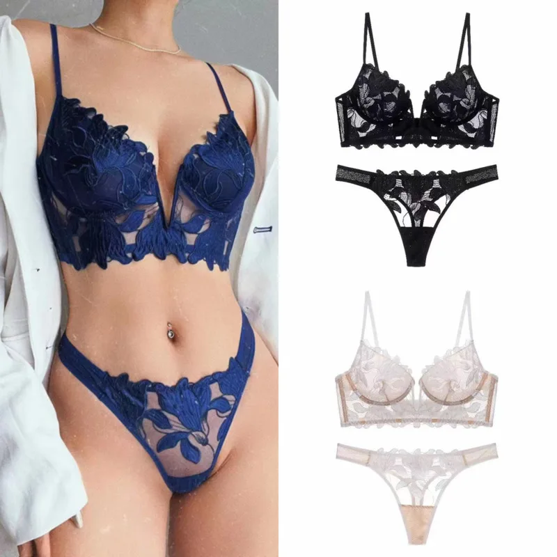 

Lace V Embroidery Underwear Women Sexy European American Ultra Thin Large Chest Display Small Anti Sagging Bra Set Bra New