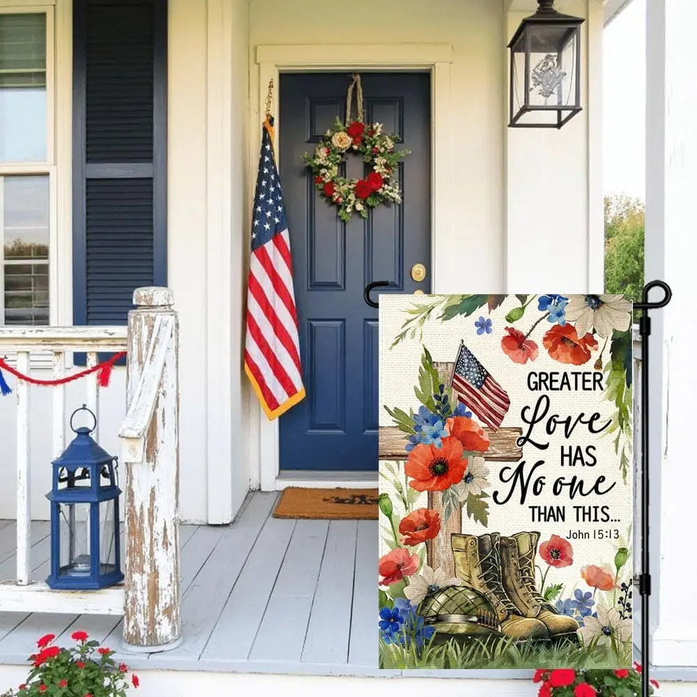 RABUSOFA Floral Military Soldiers Boots Memorial Day Garden Flag 12x18 Inch Double Sided,Patriotic Veteran Memorial Day Deco IIC