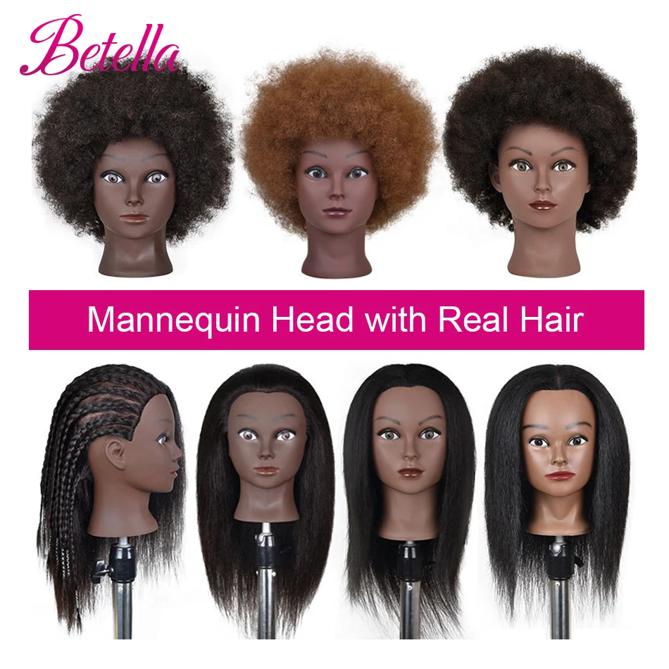 Afro Mannequin Heads With 100% Real Hair With Adjustable Tripod Hairdressing Dolls Training Head For Practice Styling Braiding