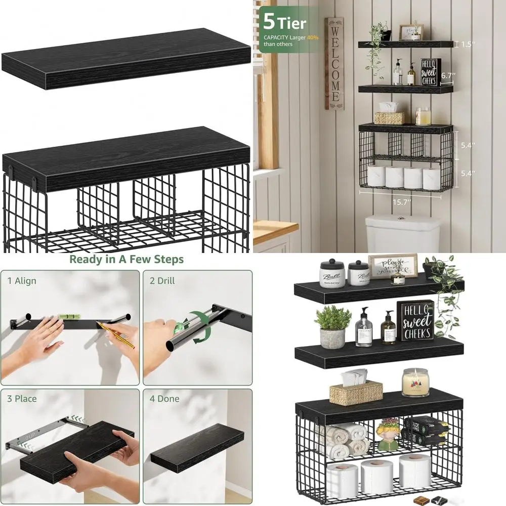 

Set of 3 Black Floating Shelves for Bathroom Wall, 15.7, Over Toilet Storage, Small Farmhouse Style