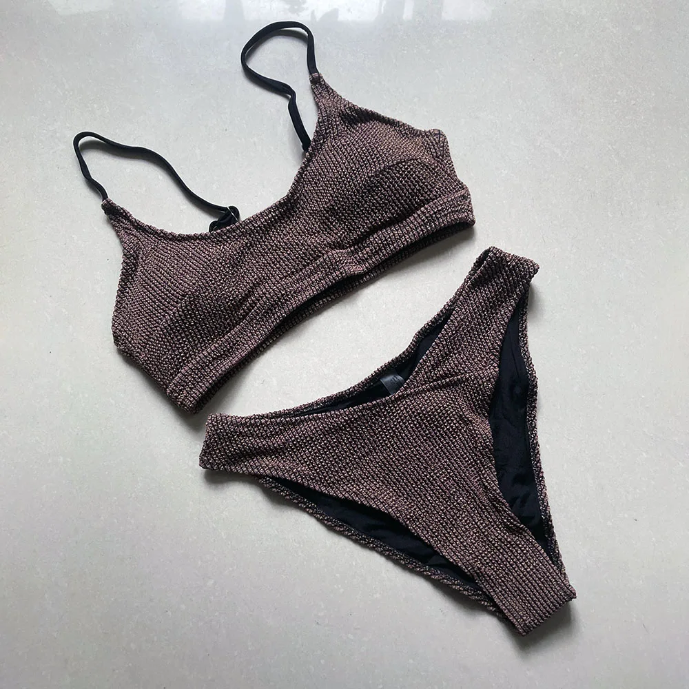 

Sexy Push Up Bandeau Bikini Swimwear Women Ribbed Fabric Swimsuit Coffee Color Bathing Suit Beach Wear Bather Maillot De Bain