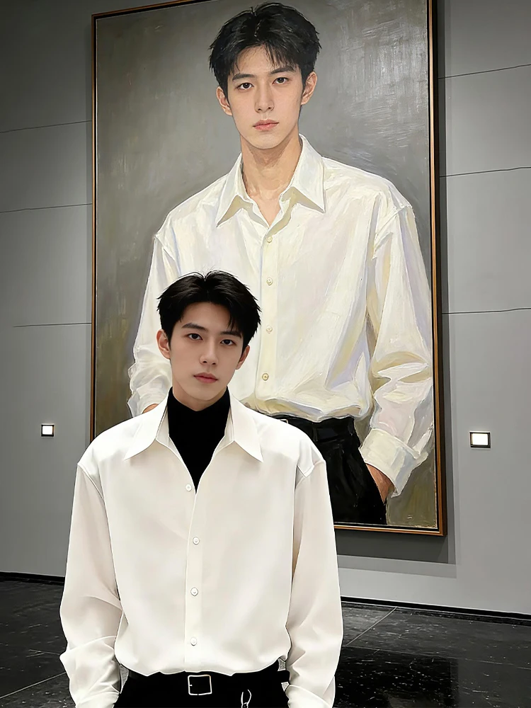 

White Long Sve irt Men's Inner Wear Briti Sle Cool Haome Spring Season Breathable Polyester Fiber Stand Fit