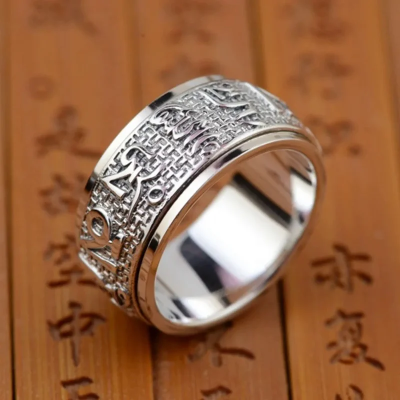 

New Real S925 Pure Silver Jewelry Antique Crafts Thai Men Ring Six Words Mantra Rotating Good Luck High Quality Gift