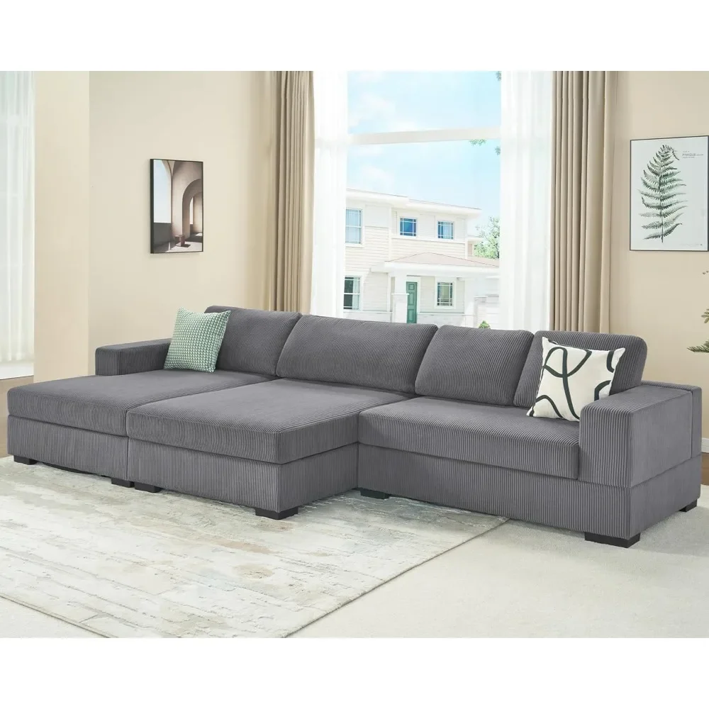 137 inch Oversized Sectional Sofa, Large Double Chaise Couch, Comfy Sofa Couch with Left Chaise, Grey Corduroy Sofa