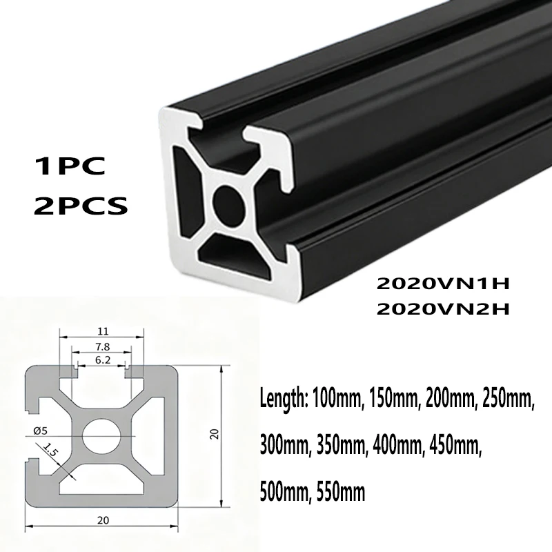 1PC 2PCS Black 2020VN1H 2020VN2H T-Slot Aluminum Profile Anodized Extruded 3D Printer Linear Rail 100 200 300 350 400 500 550 mm