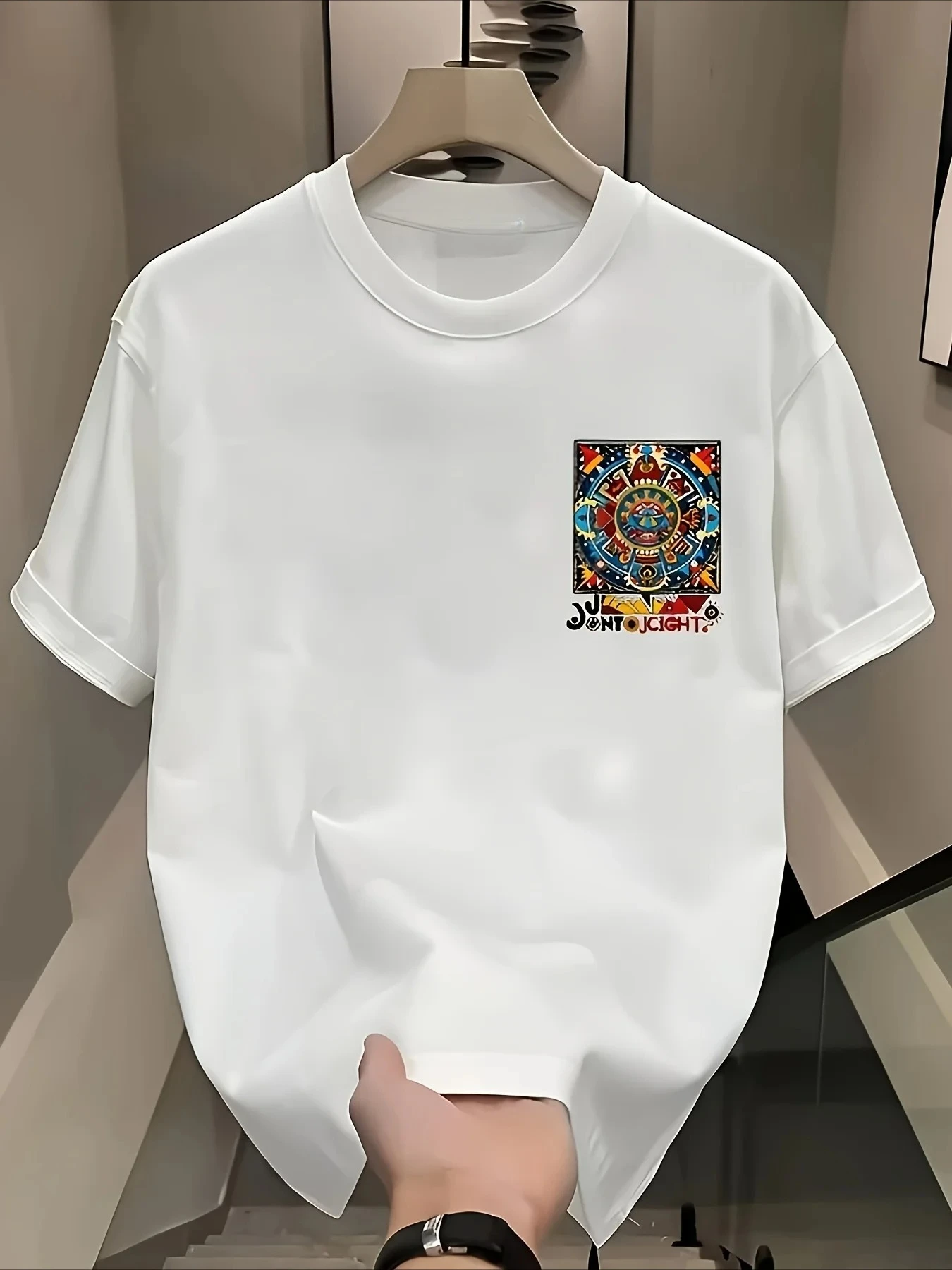 2026 Aztec-Inspired Colorful Sun Calendar Graphic Tee with Tribal Art Cotton Men's T-shirt Summer Ethnic Mystical Casual Top