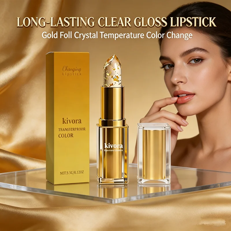 Crystal Gold Foil Color Changing Lip Balm Transparent Jelly Temperature‑Responsive Lipstick Moisturizer Long Wear Shine Lip Care