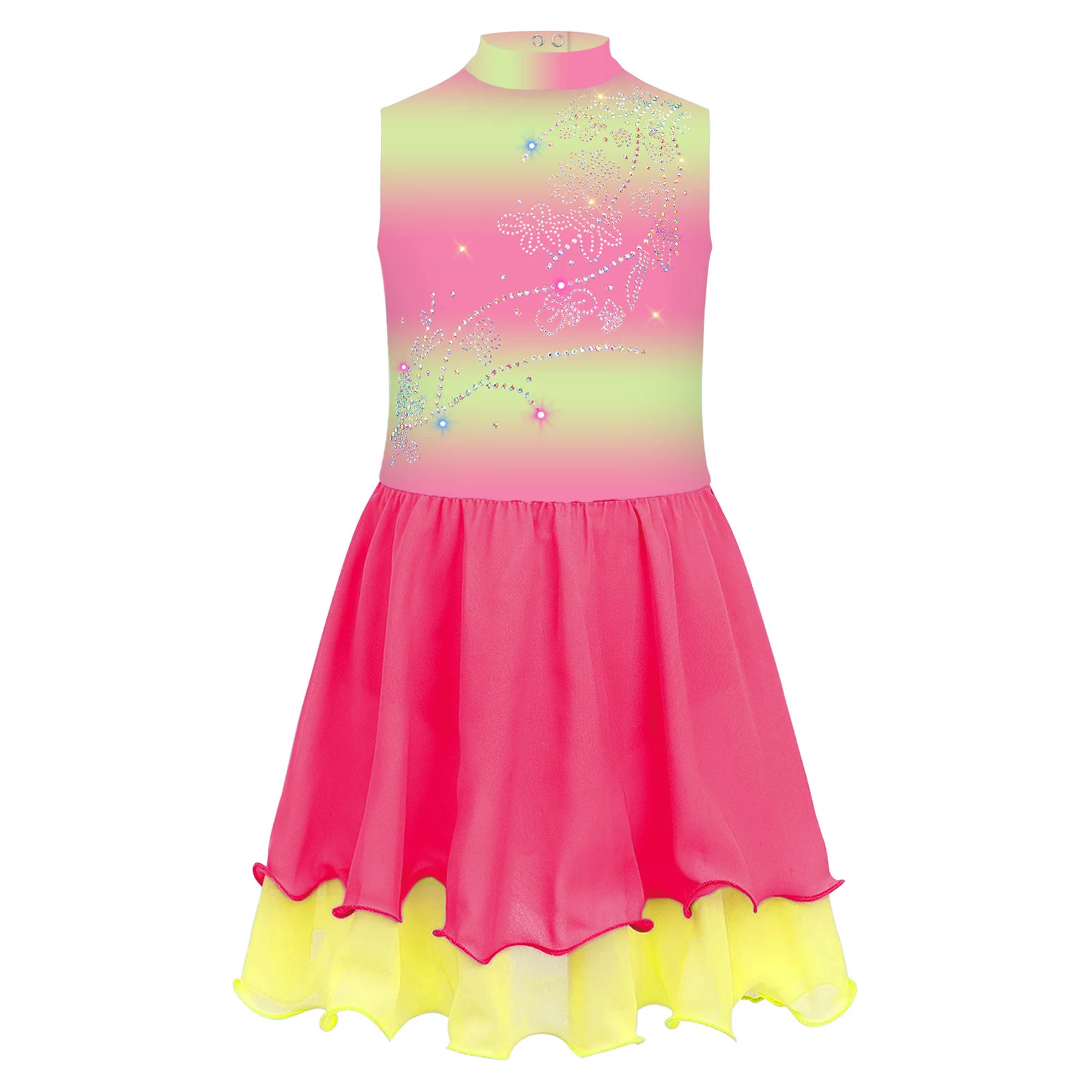 Meisjes Kunstschaatsen Dansjurk Gradiënt Mouwloos Keyhole Back Sparkly Strass Jurk Ballet Turnpakje Jurk Danskleding