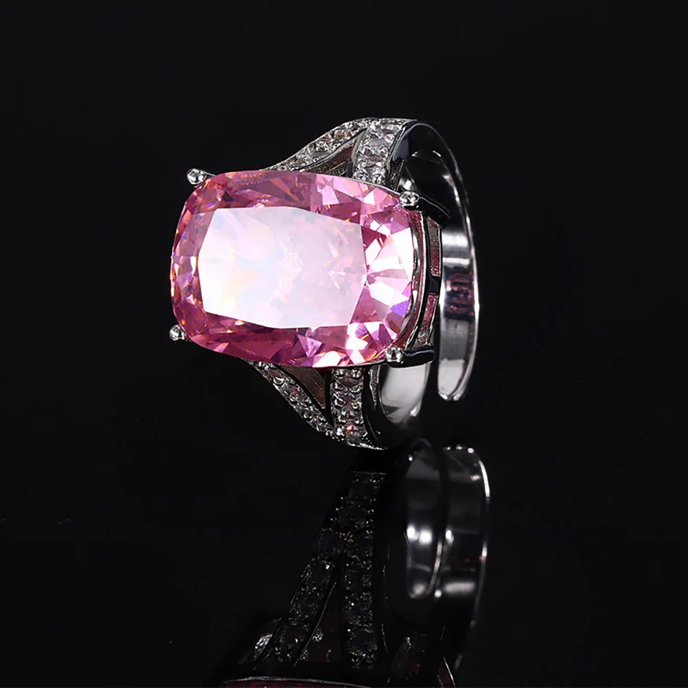 2024 Trend Iced Cut 12*16MM Topaz Amethyst Pink Quartz Ring Gemstone Lab Diamond Ring for Women Cocktail Party Fine Jewelry Gift