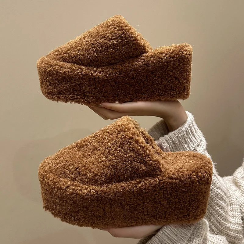 Shoes Woman 2025 House Slippers Platform Fur Flip Flops Luxury Slides On A Wedge Winter Footwear Heeled Mules Pantofle Plush Des