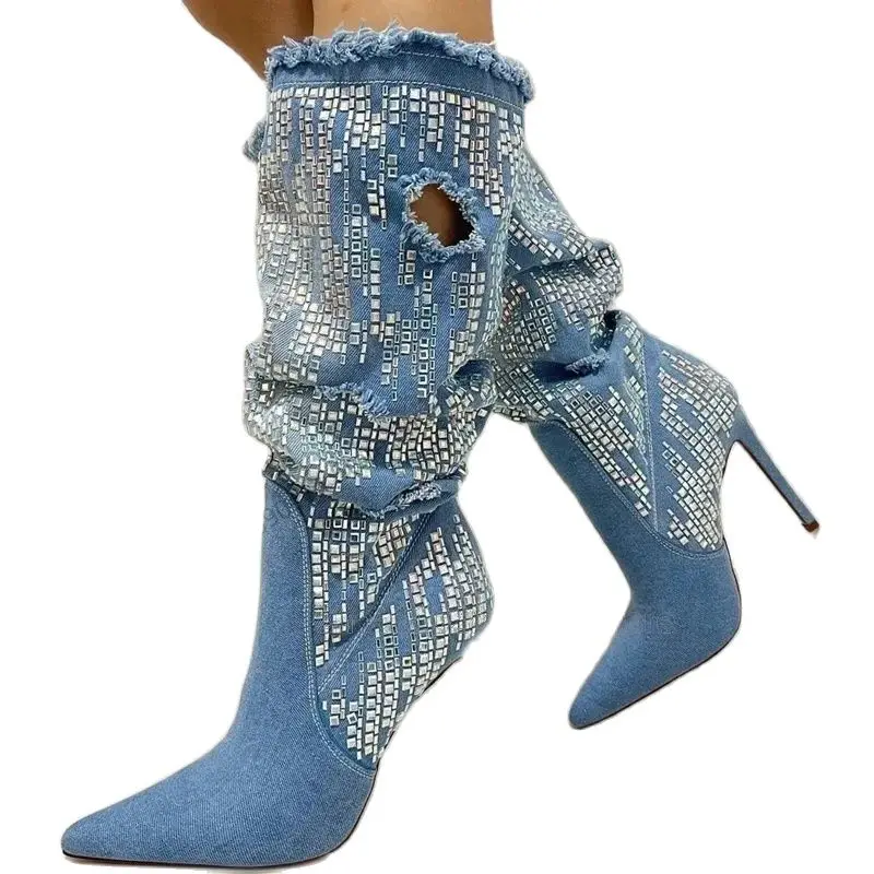 Blue Denim Crystal Decor Hollow Design Pointed Toe Boots Slip On Women Shoes Thin High Heels New Runway 2023 Zapatos Para Mujere