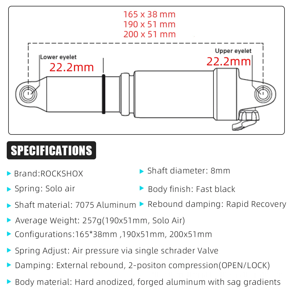 SRAM MTB ROCKSHOX MONARCH RL Solo Air 430 Lock-Out Rebound Adjustment 165mm 190mm 200mm Mountain Bicycle Cycling Bike Rear Shock