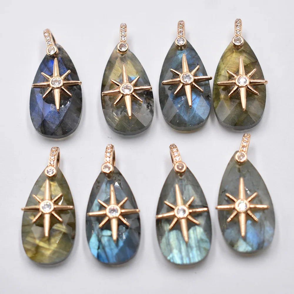 Großhandel 8 Stück/Set 14x25mm Wassertropfenform facettiert geschnitten Modische Natürliche Labradorit Starburst Halsketten-Anhänger Schmuck – Detail 1