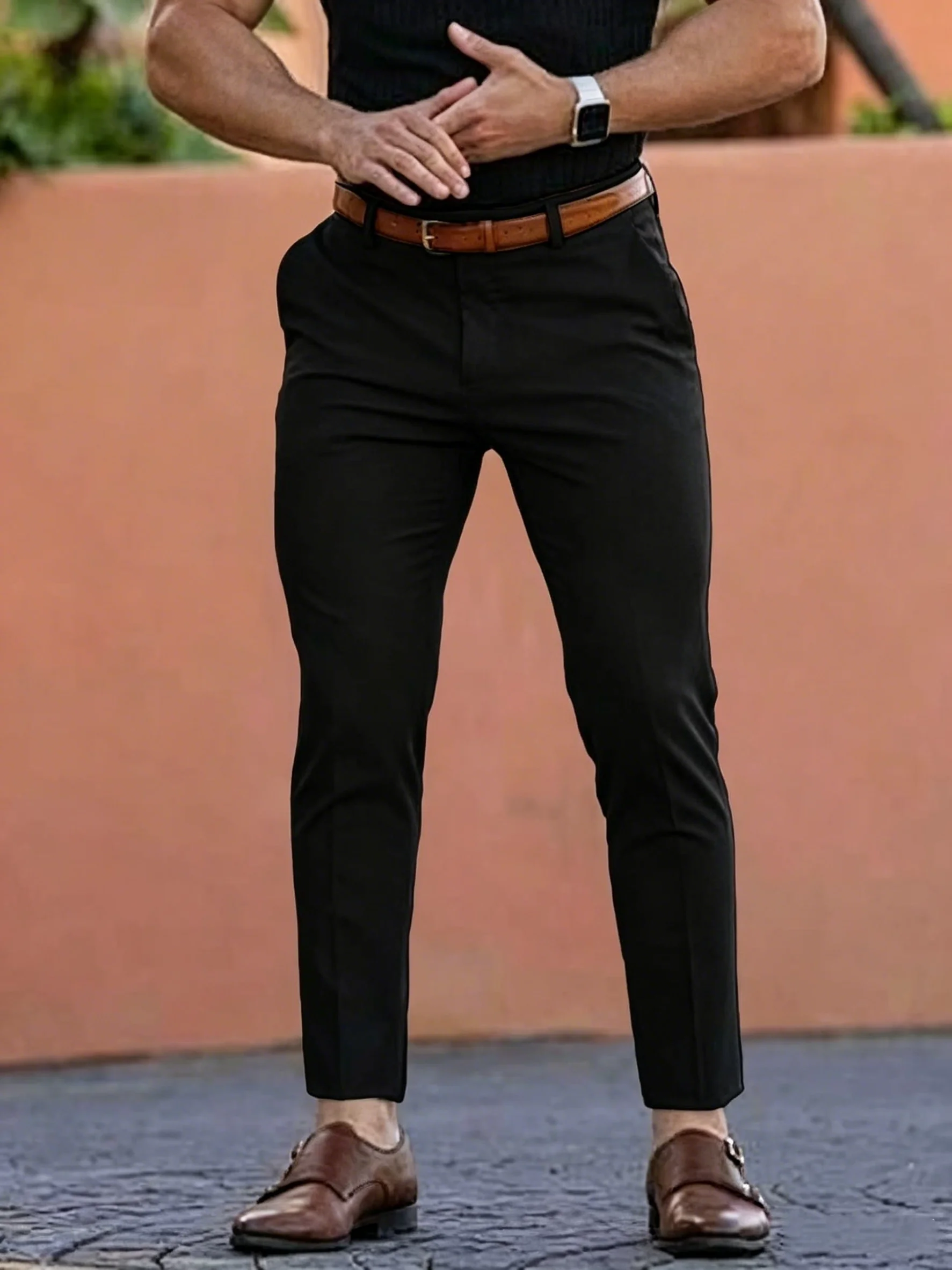 Solid black regular men's chinos, simple straight-cut casual trousers for daily wear