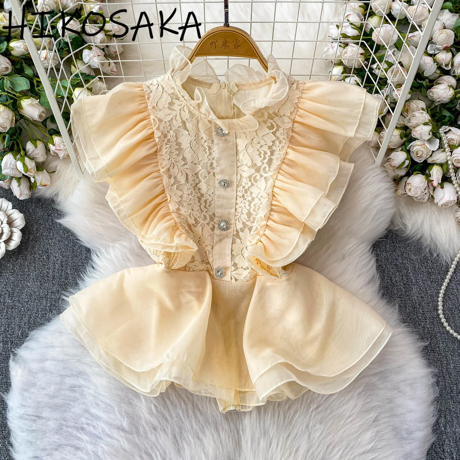 

Lace Ruffles Patchwork Blouse Shirts Stand Collar Exquisite Button Puffy Ruffled Top Summer Chic Sweet Temperament Blusas Mujer