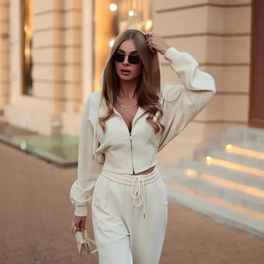 عارضة سستة مقنعين لون نقي قطعتين مجموعة الخصر مقصوص البلوز مربوط بنطلون الشارع Sle PVC النسيج منخفضة الخصر